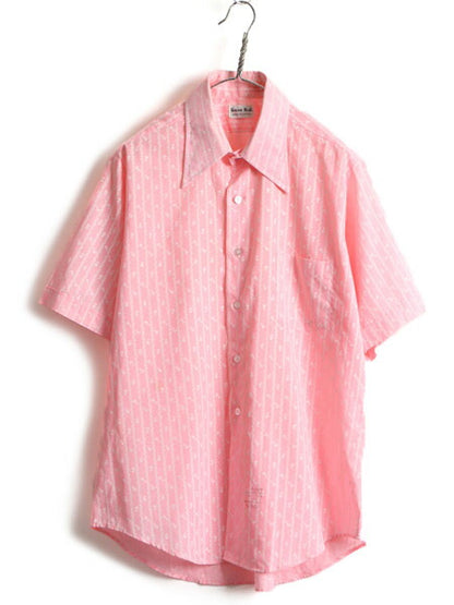 70s ビンテージ ■ WELLS&COVERLY 花柄 ストライプ 半袖 シャツ ( 16 メンズ L 程) 古着 70年代 半袖シャツ ポケット付き ピンク 2トーン