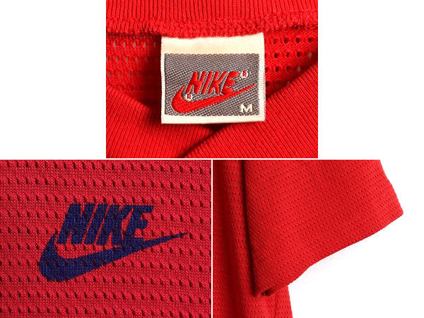 90s 初期 銀タグ ■ NIKE スウォッシュ プリント メッシュ 半袖 Tシャツ ( メンズ M ) 古着 ナイキ 90年代 オールド ロゴT ワンポイント 赤