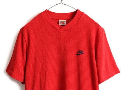 90s 初期 銀タグ ■ NIKE スウォッシュ プリント メッシュ 半袖 Tシャツ ( メンズ M ) 古着 ナイキ 90年代 オールド ロゴT ワンポイント 赤