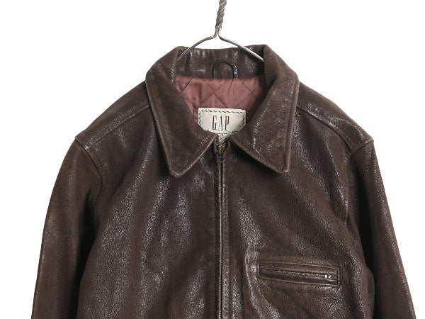 90s オールド ギャップ 本革 レザー スポーツ ジャケット レディース M メンズ S 程 革ジャン 中綿 キルティング ライナー付き ブルゾン 茶
