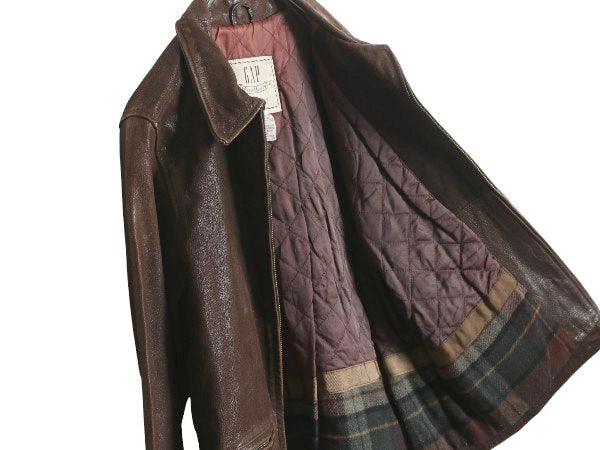 90s オールド ギャップ 本革 レザー スポーツ ジャケット レディース M メンズ S 程 革ジャン 中綿 キルティング ライナー付き ブルゾン 茶