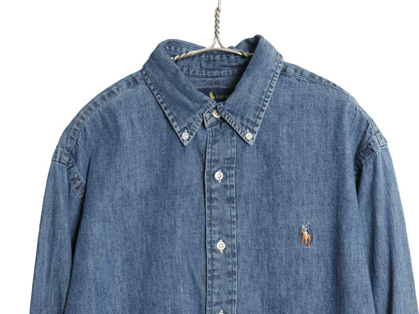 ラルフローレン 3点留め ボタンダウン 長袖 デニム シャツ メンズ L 古着 ポロ CLASSIC FIT コットン ワンポイント ポニー 刺繍 BD ブルー