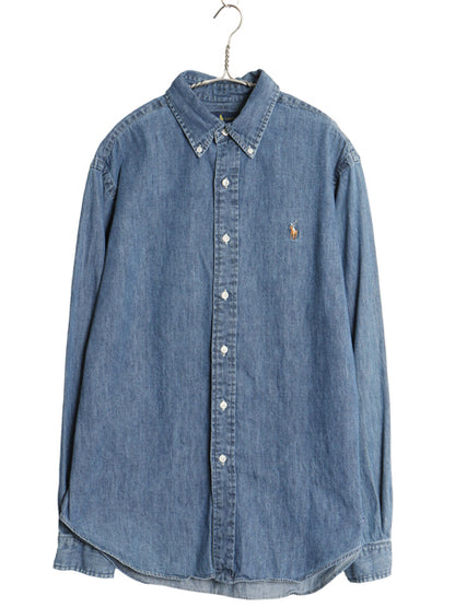 ラルフローレン 3点留め ボタンダウン 長袖 デニム シャツ メンズ L 古着 ポロ CLASSIC FIT コットン ワンポイント ポニー 刺繍 BD ブルー