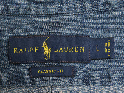 ラルフローレン 3点留め ボタンダウン 長袖 デニム シャツ メンズ L 古着 ポロ CLASSIC FIT コットン ワンポイント ポニー 刺繍 BD ブルー