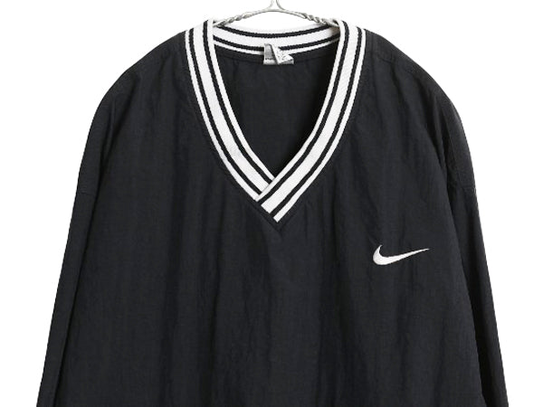 90s ナイキ ナイロン ジャケット メンズ XXL / 古着 オールド プルオーバー スウッシュ Vネック ウィンドブレーカー 大きいサイズ ブラック