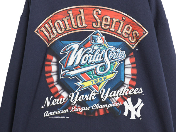 90's ヤンキース プリント スウェット メンズ L 小さめ M オールド MLB オフィシャル ロゴ7 トレーナー 裏起毛 大リーグ メジャーリーグ 紺
