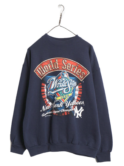 90's ヤンキース プリント スウェット メンズ L 小さめ M オールド MLB オフィシャル ロゴ7 トレーナー 裏起毛 大リーグ メジャーリーグ 紺