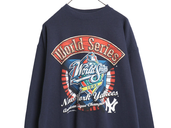90's ヤンキース プリント スウェット メンズ L 小さめ M オールド MLB オフィシャル ロゴ7 トレーナー 裏起毛 大リーグ メジャーリーグ 紺