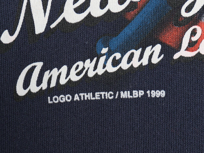 90's ヤンキース プリント スウェット メンズ L 小さめ M オールド MLB オフィシャル ロゴ7 トレーナー 裏起毛 大リーグ メジャーリーグ 紺