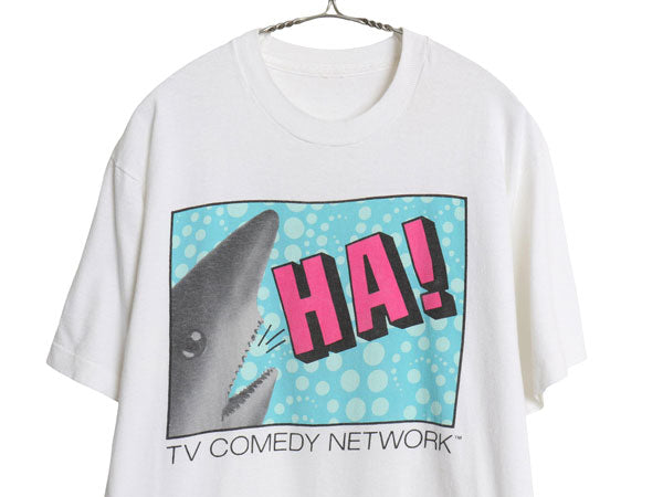 90s 企業 イラスト プリント Tシャツ メンズ L 程 オールド 当時物 シャーク サメ グラフィック キャラクター コメディ ヘビーウェイト 白