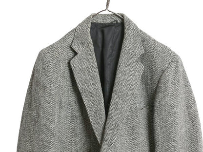 80s USA製 ハリスツイード テーラード ジャケット メンズ L 程 ヴィンテージ ブレザー ツイード ウール ヘリンボーン ストライプ トラッド