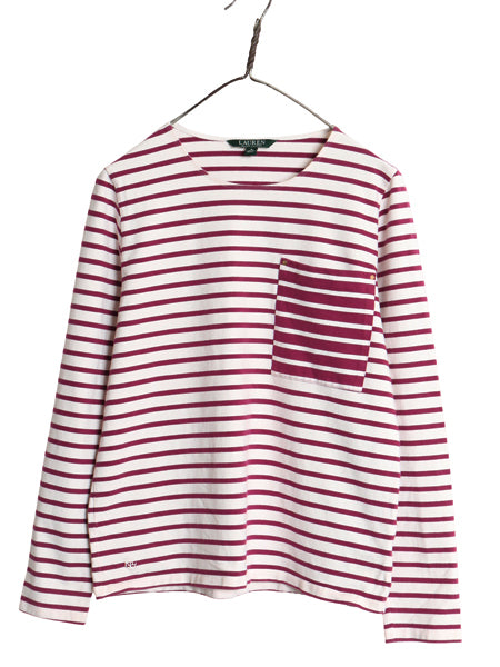 ローレン ラルフローレン ボーダー 長袖 Tシャツ レディース M / ポロ ロンT コットン ストレッチ カットソー ポケット付き ツートン ポケT