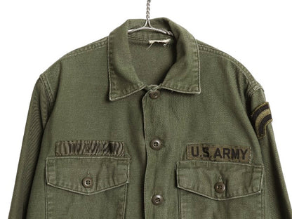 60s 米軍実物 US ARMY コットン サテン ユーティリティ シャツ M / ヴィンテージ OG107 シャツ袖 2nd 軍物 ミリタリー ワッペン付き カーキ