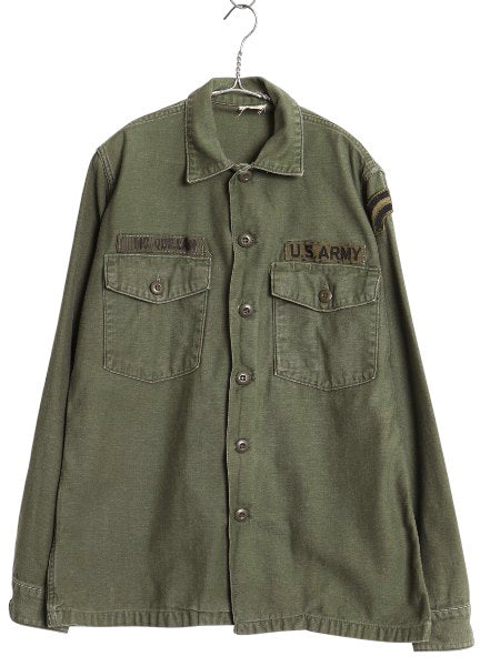 60s 米軍実物 US ARMY コットン サテン ユーティリティ シャツ M / ヴィンテージ OG107 シャツ袖 2nd 軍物 ミリタリー ワッペン付き カーキ