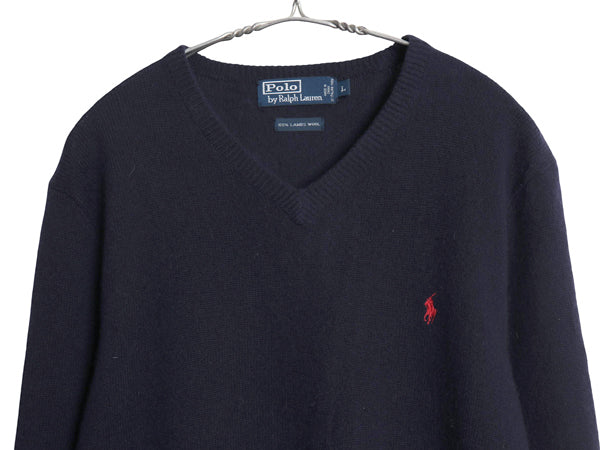 00s ポロ ラルフローレン ニット セーター メンズ L 古着 オールド ラム ウール リブ編み Vネック ワンポイント ポニー 刺繍 無地 ネイビー