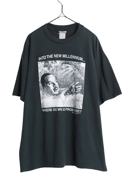 90s ★ キング牧師 イラスト プリント Tシャツ メンズ XL 程 / 古着 オールド アート 偉人 メッセージ グラフィック 大きいサイズ ブラック