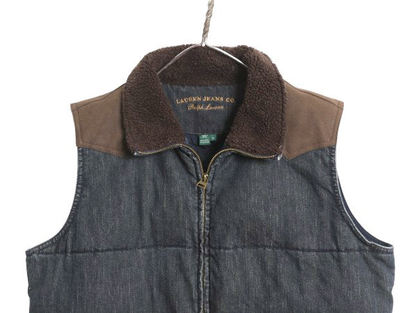 90s ラルフローレン ジーンズ インディゴ デニム 中綿 ベスト レディース XL / 古着 オールド ポロ 襟 ボア パイル フリース レザー ヨーク