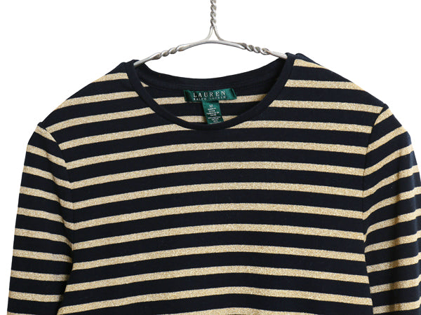 00s ローレン ラルフローレン ボーダー 長袖 Tシャツ レディース M / オールド ロンT コットン ストレッチ カットソー ツートン 黒 金 ラメ