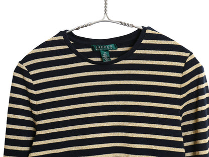 00s ローレン ラルフローレン ボーダー 長袖 Tシャツ レディース M / オールド ロンT コットン ストレッチ カットソー ツートン 黒 金 ラメ