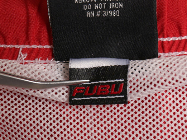 90s ☆ FUBU ナイロン ショートパンツ メンズ L / オールド Y2K ロゴ刺繍 ナイロン サーフ スイム ツートン 水陸両用 インナー付き レッド