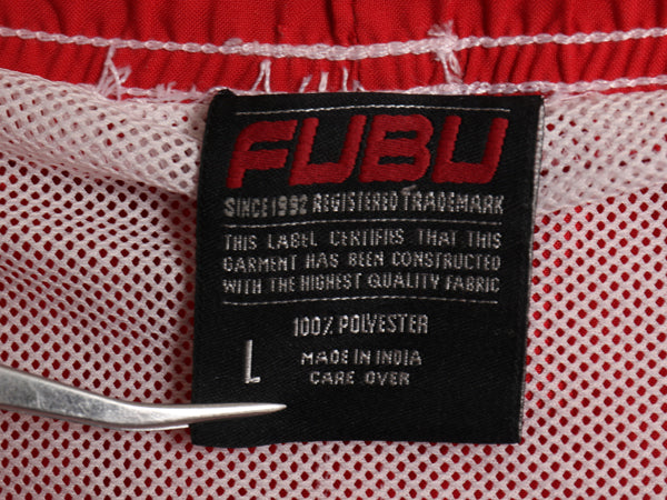 90s ☆ FUBU ナイロン ショートパンツ メンズ L / オールド Y2K ロゴ刺繍 ナイロン サーフ スイム ツートン 水陸両用 インナー付き レッド