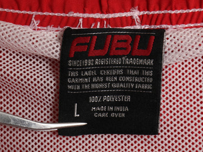 90s ☆ FUBU ナイロン ショートパンツ メンズ L / オールド Y2K ロゴ刺繍 ナイロン サーフ スイム ツートン 水陸両用 インナー付き レッド