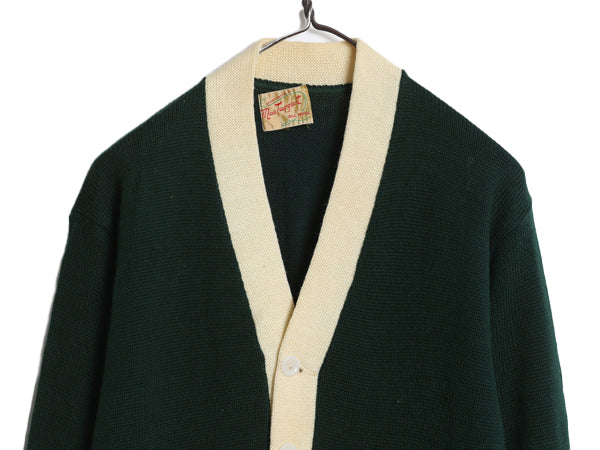 40s ★ MacTaggart ウール ニット カーディガン メンズ M ヴィンテージ セーター アワード レタード カレッジ 無地 ツートン ポケット付き