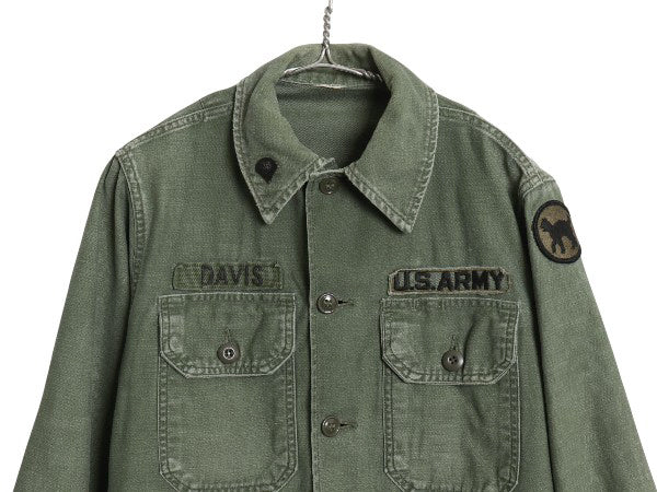 60s 米軍実物 US ARMY コットン サテン ユーティリティ シャツ メンズ S 程 / 65年製 ヴィンテージ ミリタリー 筒袖 3rd OG107 フルパッチ