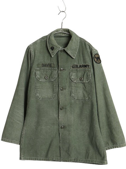 60s 米軍実物 US ARMY コットン サテン ユーティリティ シャツ メンズ S 程 / 65年製 ヴィンテージ ミリタリー 筒袖 3rd OG107 フルパッチ