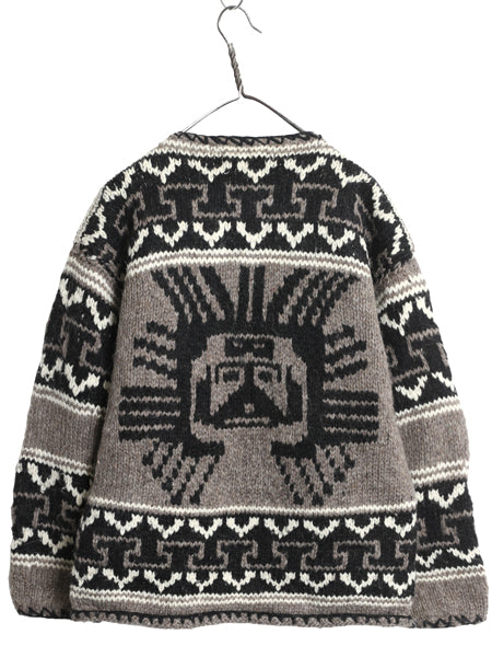エクアドル製 REY WEAR ウール ニット カーディガン メンズ M 程/ ハンドメイド セーター 前開き ネイティブ インカ アステカ 総柄 羽織り