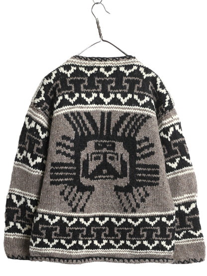 エクアドル製 REY WEAR ウール ニット カーディガン メンズ M 程/ ハンドメイド セーター 前開き ネイティブ インカ アステカ 総柄 羽織り
