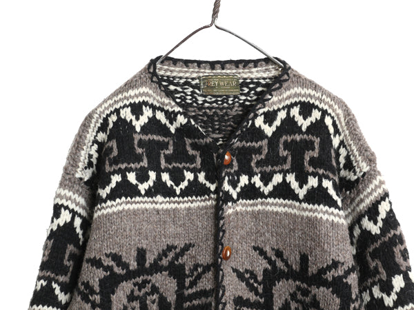 エクアドル製 REY WEAR ウール ニット カーディガン メンズ M 程/ ハンドメイド セーター 前開き ネイティブ インカ アステカ 総柄 羽織り