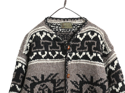 エクアドル製 REY WEAR ウール ニット カーディガン メンズ M 程/ ハンドメイド セーター 前開き ネイティブ インカ アステカ 総柄 羽織り