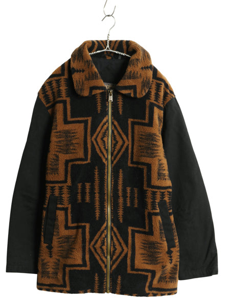 ペンドルトン ネイティブ柄 パイル フリース ジャケット メンズ L フルジップ 総柄 ボア コットン 切替 ブルゾン ジャンパー コート 黒 茶