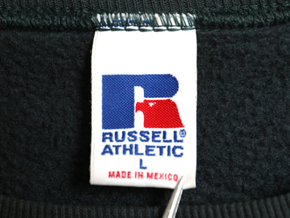 90s ラッセル 2段 ロゴ 刺繍 スウェット メンズ レディース L / オールド トレーナー 裏起毛 前V クルーネック シンプル ゆったり グリーン