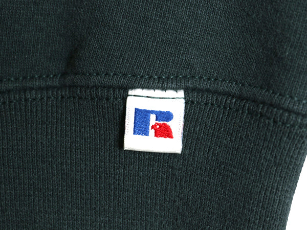 90s ラッセル 2段 ロゴ 刺繍 スウェット メンズ レディース L / オールド トレーナー 裏起毛 前V クルーネック シンプル ゆったり グリーン