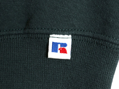 90s ラッセル 2段 ロゴ 刺繍 スウェット メンズ レディース L / オールド トレーナー 裏起毛 前V クルーネック シンプル ゆったり グリーン
