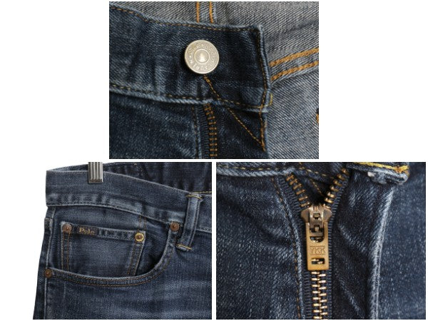 ポロ ラルフローレン デニム パンツ メンズ 32 30 / ヴィンテージ 加工 ジーンズ ジーパン ストレート 革パッチ ボトムス ヒゲ アタリ 濃紺
