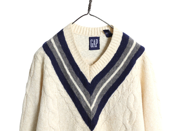 90s オールド ギャップ チルデン ケーブル ニット セーター メンズ М 古着 旧タグ Vネック ウール コットン シンプル トップス ナチュラル