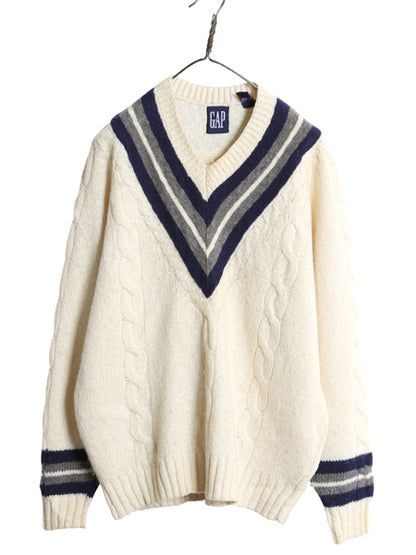 90s オールド ギャップ チルデン ケーブル ニット セーター メンズ М 古着 旧タグ Vネック ウール コットン シンプル トップス ナチュラル