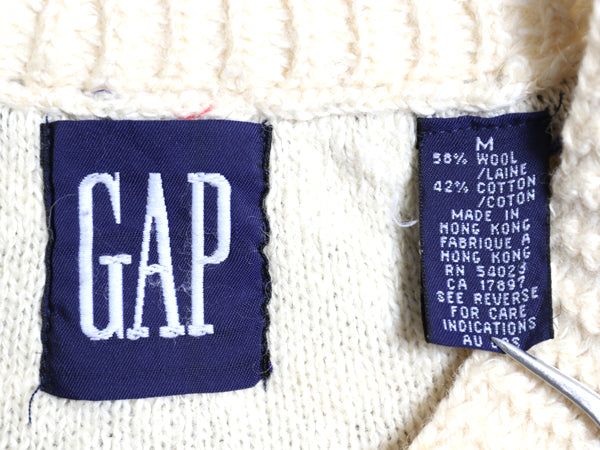 90s オールド ギャップ チルデン ケーブル ニット セーター メンズ М 古着 旧タグ Vネック ウール コットン シンプル トップス ナチュラル