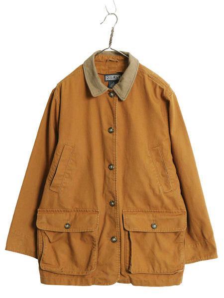 90s ランズエンド ダック ハンティング ジャケット レディース M 古着 オールド カバーオール フィールド ハーフ コート 襟 本革 レザー 茶