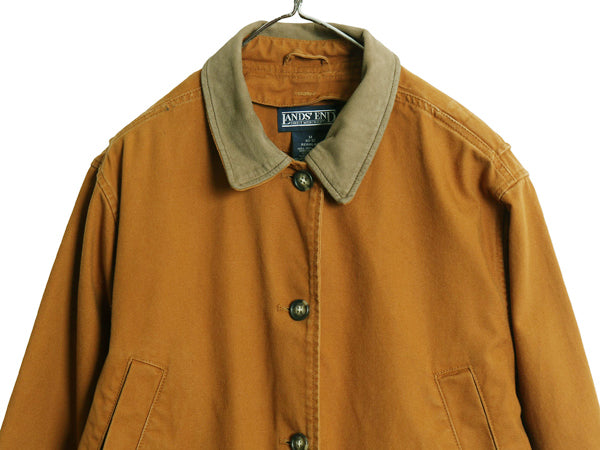 90s ランズエンド ダック ハンティング ジャケット レディース M 古着 オールド カバーオール フィールド ハーフ コート 襟 本革 レザー 茶