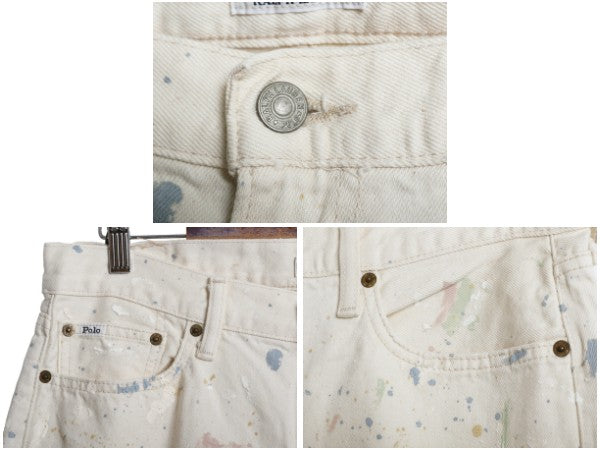 ペンキ 加工 ポロ ラルフローレン ホワイト デニム パンツ レディース L 程 メンズ 実寸 33 ジーンズ ジーパン ストレート ボーイフレンド