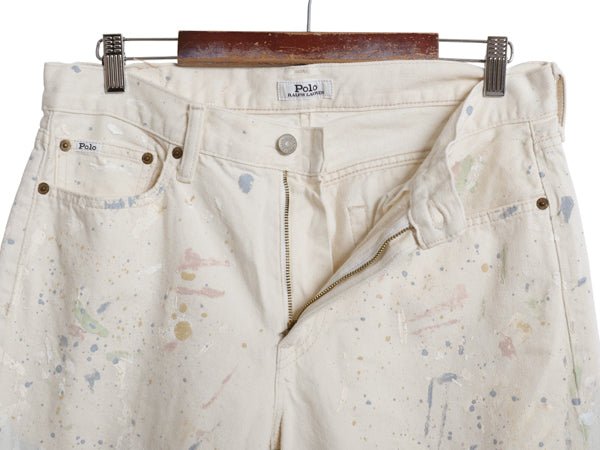 ペンキ 加工 ポロ ラルフローレン ホワイト デニム パンツ レディース L 程 メンズ 実寸 33 ジーンズ ジーパン ストレート ボーイフレンド