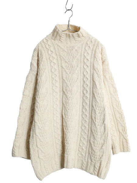 アイルランド製 aran crafts フィッシャーマン ウール ニット セーター メンズ レディース M / アラン ケーブル ローゲージ ハイネック 白