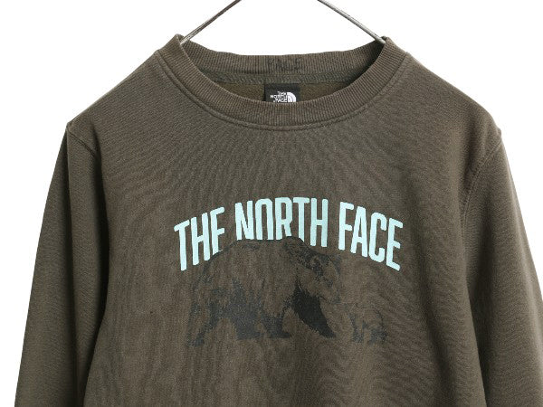 ノースフェイス プリント スウェット メンズ S 古着 アウトドア トレーナー 裏起毛 ベア イラスト グラフィック クルーネック 薄手 カーキ