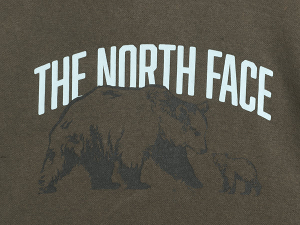 ノースフェイス プリント スウェット メンズ S 古着 アウトドア トレーナー 裏起毛 ベア イラスト グラフィック クルーネック 薄手 カーキ