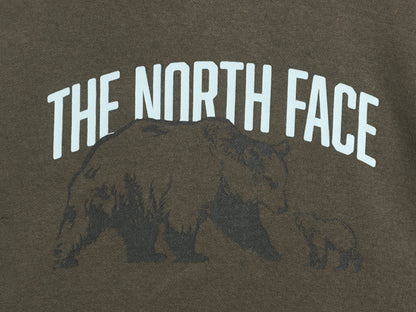 ノースフェイス プリント スウェット メンズ S 古着 アウトドア トレーナー 裏起毛 ベア イラスト グラフィック クルーネック 薄手 カーキ
