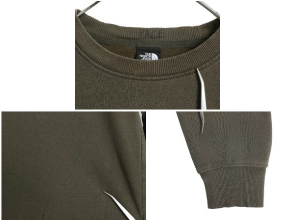 ノースフェイス プリント スウェット メンズ S 古着 アウトドア トレーナー 裏起毛 ベア イラスト グラフィック クルーネック 薄手 カーキ